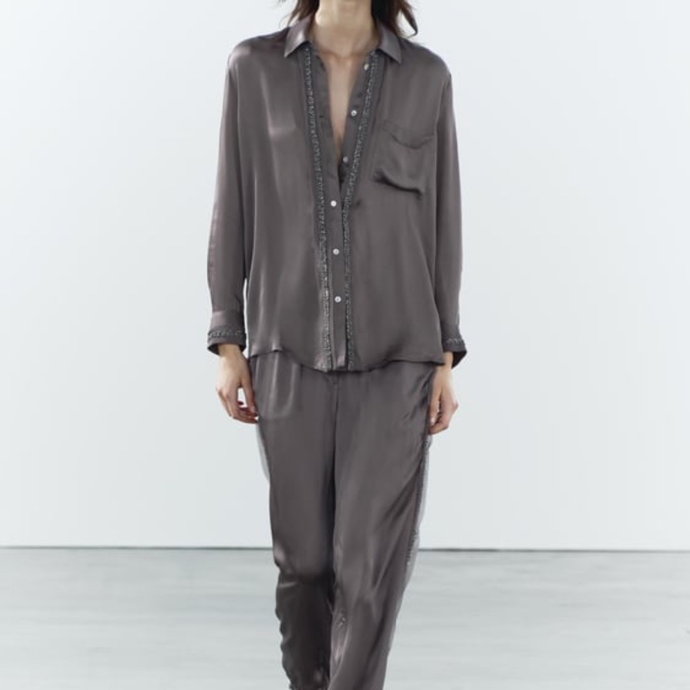 Zara ZW Collection Embroidered Satin Effect Shirt Size X-Large Charcoal Gray